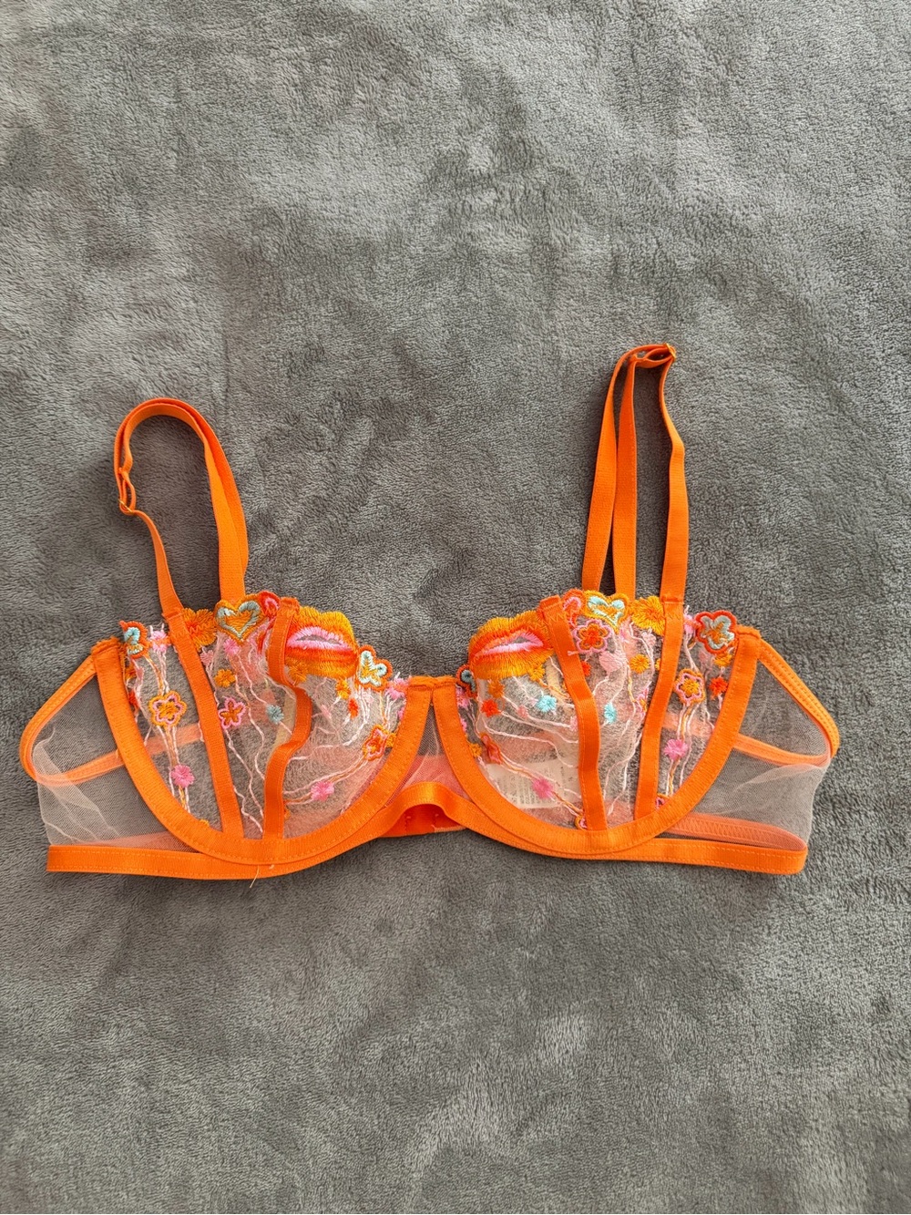 Sheer Embroidered Orange Underwire Bra